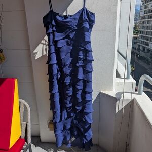 Tadashi Shoji Blue Silk Chiffon shutter pleats Ruffles evening Maxi dress  2